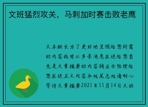 文班猛烈攻关，马刺加时赛击败老鹰